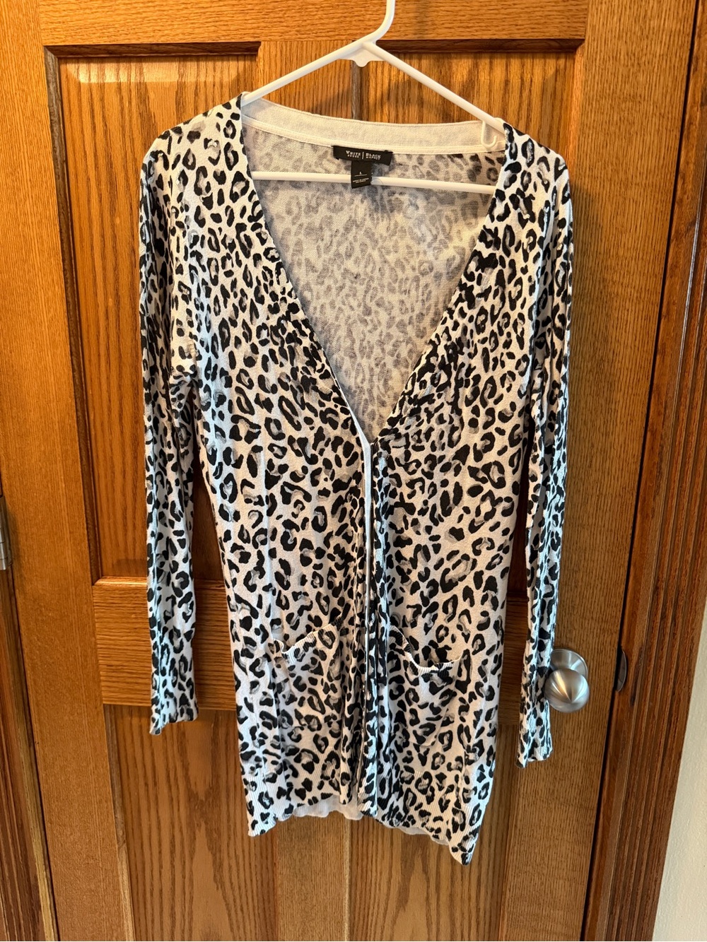 White House Black Market Black & White Leopard Print  Large Cardigan